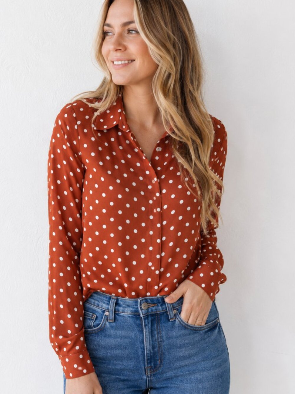 Halogen Polka Dot Button Down Shirt Size XS Rust Brown White Long Sleeve